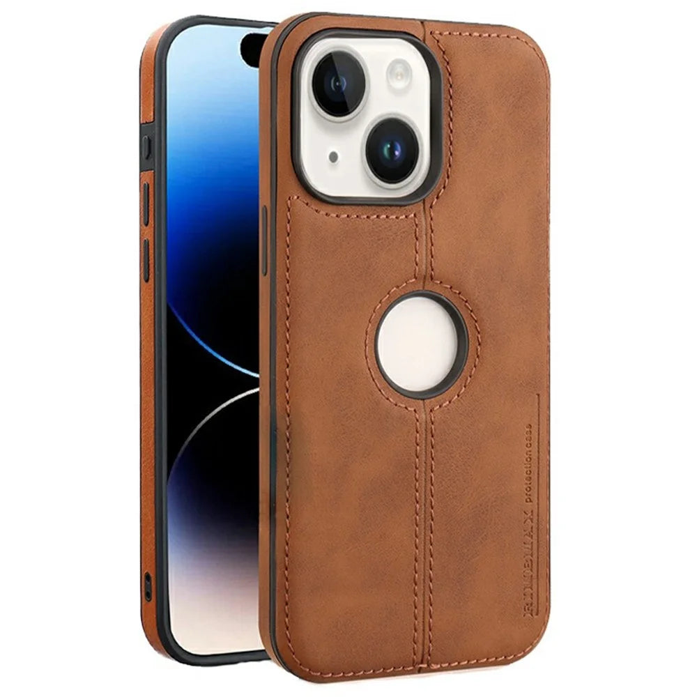 For iPhone 14 Case Central Axis with Logo Cutout PU Leather + PC Phone Back Cover - Light Brown - 1