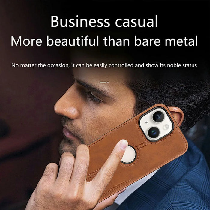 For iPhone 14 Case Central Axis with Logo Cutout PU Leather + PC Phone Back Cover - Light Brown - 2