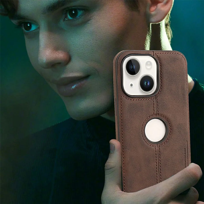 For iPhone 14 Case Central Axis with Logo Cutout PU Leather + PC Phone Back Cover - Light Brown - 4