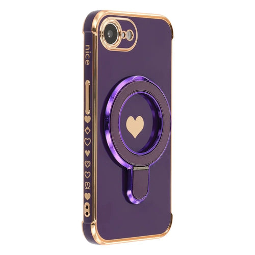 For iPhone 17e / 16e Case Kickstand Electroplating Love Printing TPU Back Cover - Dark Purple - 1