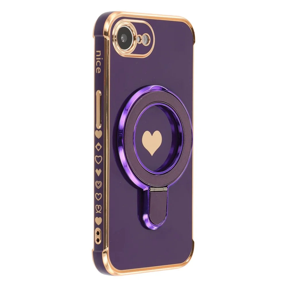 For iPhone 17e / 16e Case Kickstand Electroplating Love Printing TPU Back Cover - Dark Purple - 1