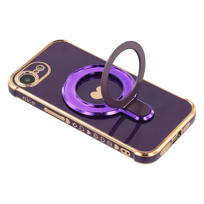 For iPhone 17e / 16e Case Kickstand Electroplating Love Printing TPU Back Cover - Dark Purple - 5