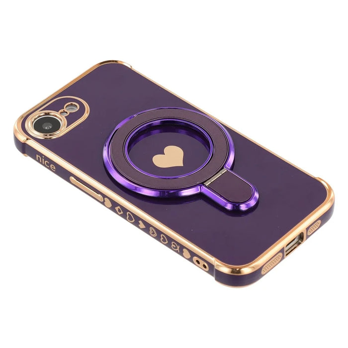 For iPhone 17e / 16e Case Kickstand Electroplating Love Printing TPU Back Cover - Dark Purple - 6