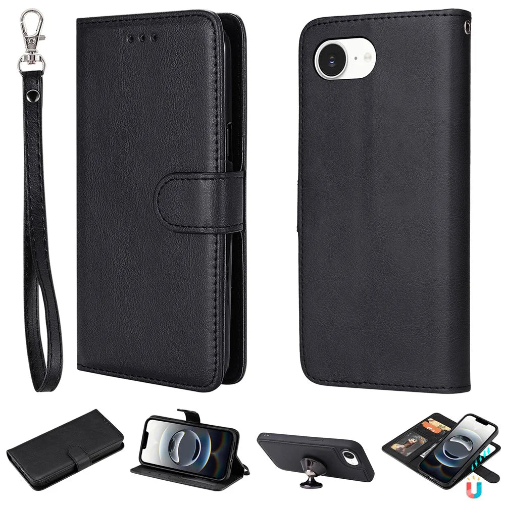 For iPhone 17e / 16e Case 2 in 1 Detachable Magnetic Leather Wallet Mobile Cover with Strap - Black - 1