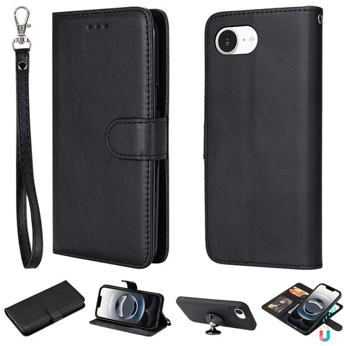 For iPhone 17e / 16e Case 2 in 1 Detachable Magnetic Leather Wallet Mobile Cover with Strap - Black - 1