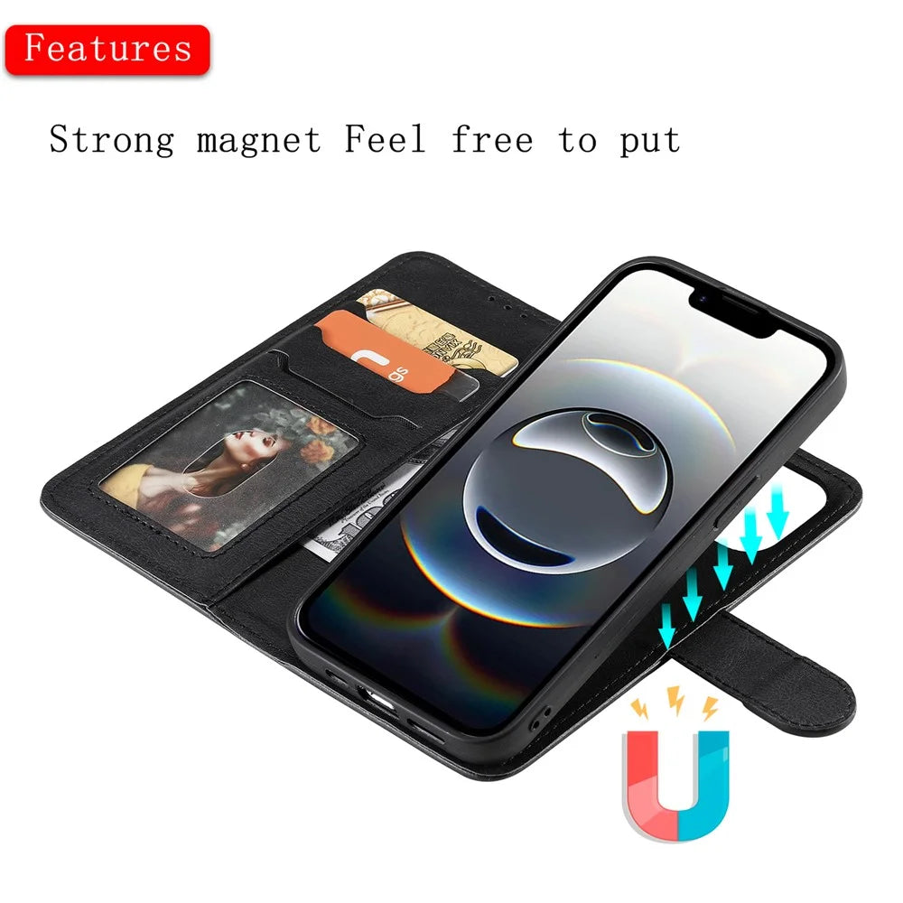 For iPhone 17e / 16e Case 2 in 1 Detachable Magnetic Leather Wallet Mobile Cover with Strap - Black - 6