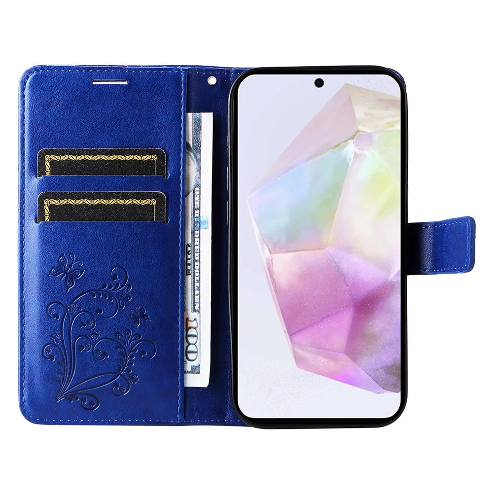 For Samsung Galaxy A36 5G Wallet Case Floral Butterfly Imprinted Leather Phone Cover Stand - Blue - 2