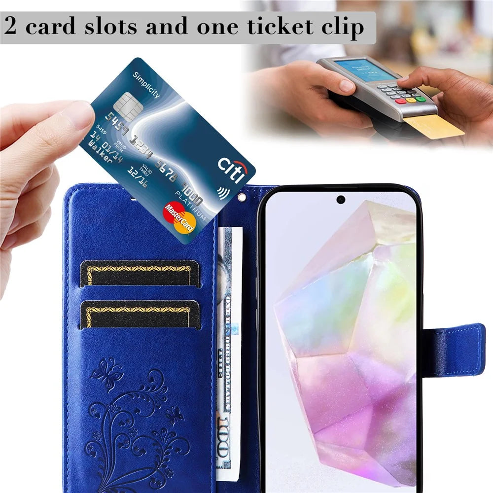 For Samsung Galaxy A36 5G Wallet Case Floral Butterfly Imprinted Leather Phone Cover Stand - Blue - 5