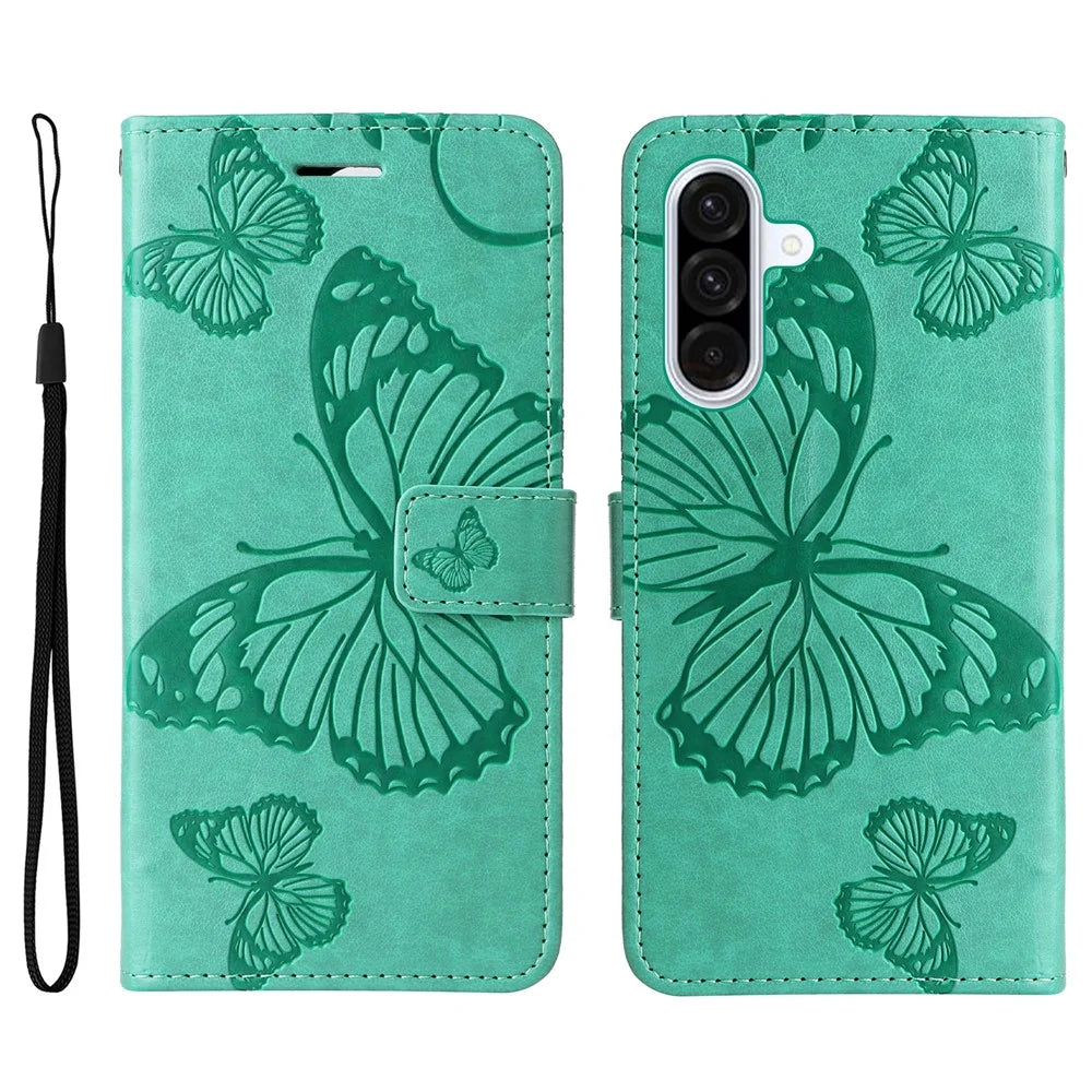 For Samsung Galaxy A56 5G / M56 5G Wallet Case Floral Butterfly Imprinted Leather Phone Cover Stand -  Green - 1