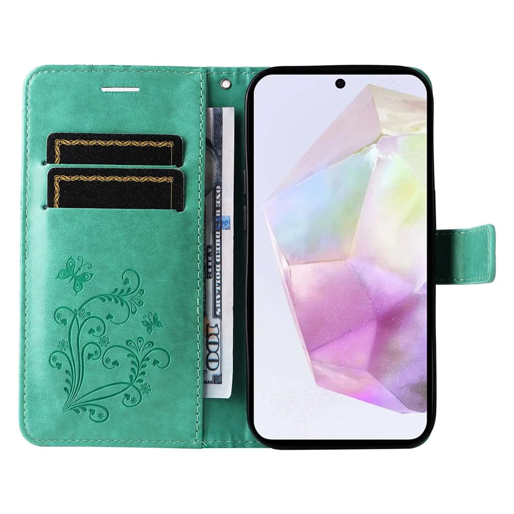 For Samsung Galaxy A56 5G / M56 5G Wallet Case Floral Butterfly Imprinted Leather Phone Cover Stand -  Green - 2