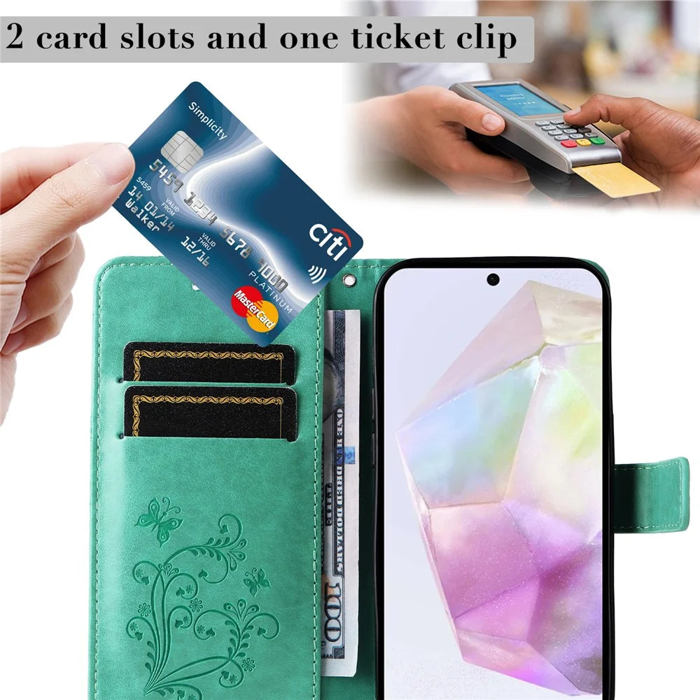 For Samsung Galaxy A56 5G / M56 5G Wallet Case Floral Butterfly Imprinted Leather Phone Cover Stand -  Green - 7