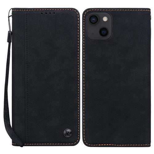 For iPhone 14 / 13 Case Lines Pattern Wallet Leather Phone Cover with Strap - Black - 1