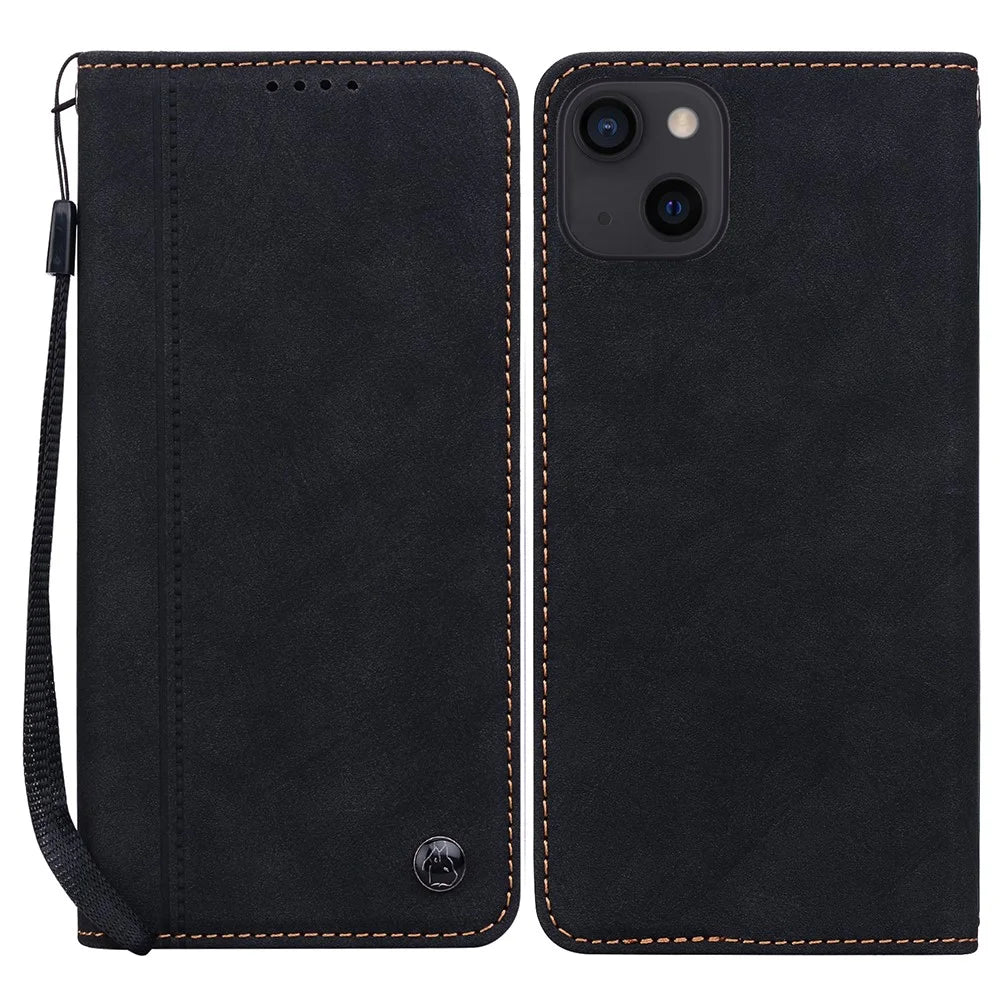 For iPhone 14 / 13 Case Lines Pattern Wallet Leather Phone Cover with Strap - Black - 1