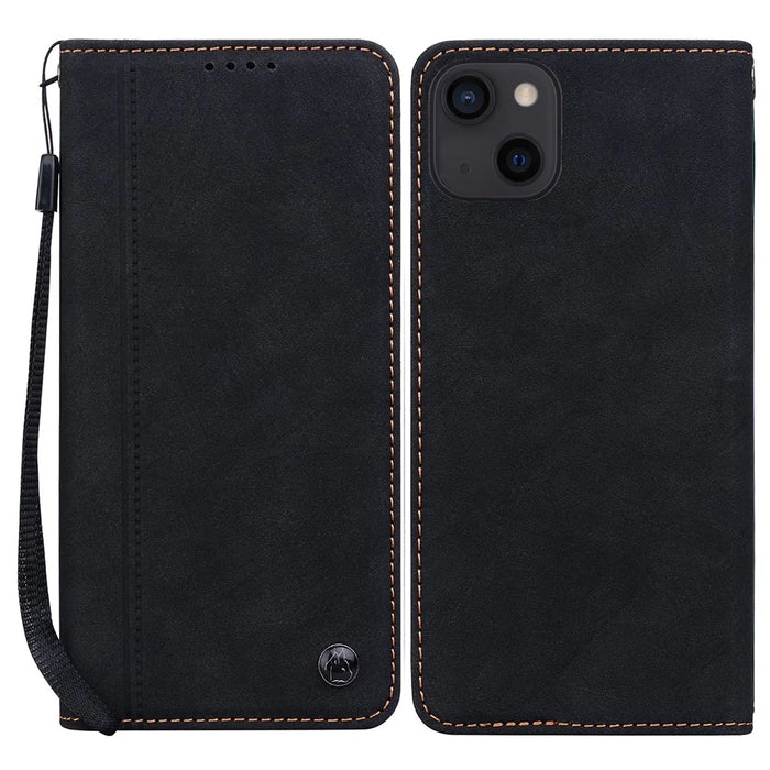 For iPhone 14 / 13 Case Lines Pattern Wallet Leather Phone Cover with Strap - Black - 1