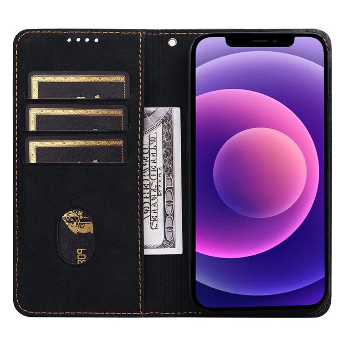 For iPhone 14 / 13 Case Lines Pattern Wallet Leather Phone Cover with Strap - Black - 2