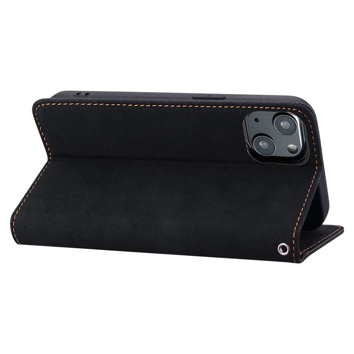 For iPhone 14 / 13 Case Lines Pattern Wallet Leather Phone Cover with Strap - Black - 3