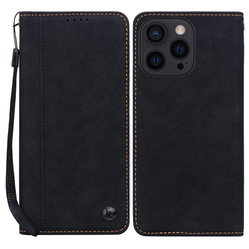 For iPhone 14 Pro Max Case Lines Pattern Wallet Leather Phone Cover with Strap - Black - 1