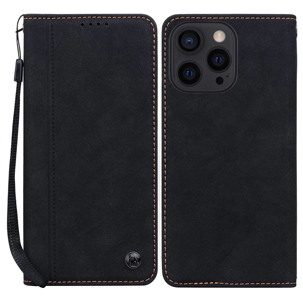 For iPhone 14 Pro Max Case Lines Pattern Wallet Leather Phone Cover with Strap - Black - 1