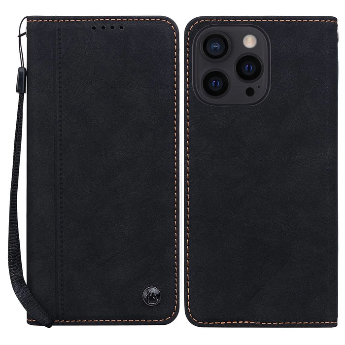 For iPhone 14 Pro Max Case Lines Pattern Wallet Leather Phone Cover with Strap - Black - 1