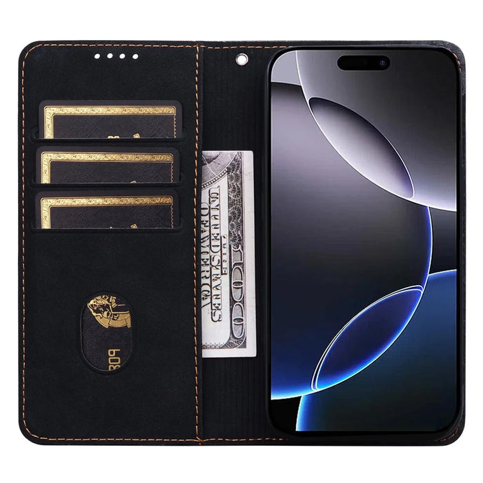 For iPhone 14 Pro Max Case Lines Pattern Wallet Leather Phone Cover with Strap - Black - 2