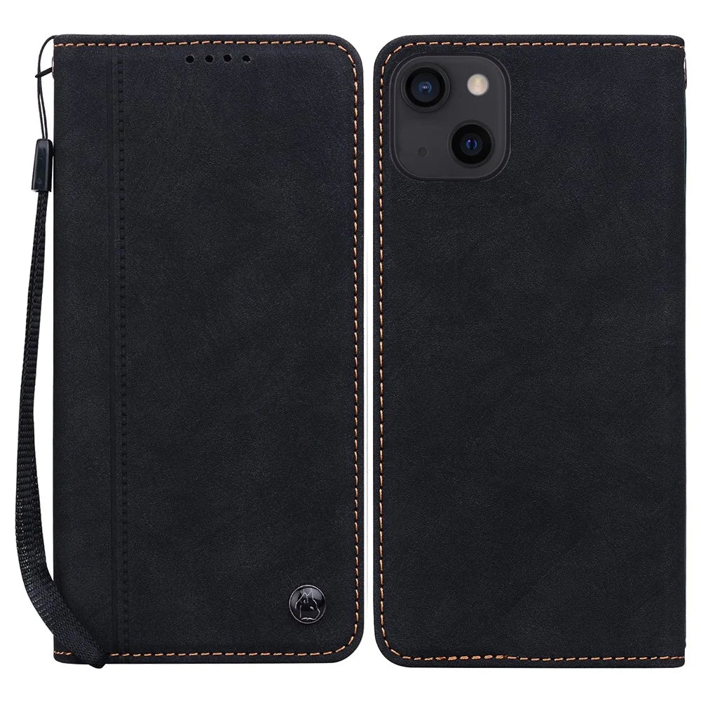 For iPhone 15 Case Lines Pattern Wallet Leather Phone Cover with Strap - Black - 1