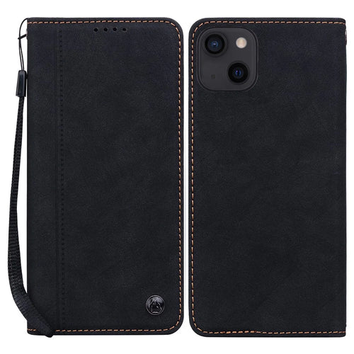 For iPhone 15 Case Lines Pattern Wallet Leather Phone Cover with Strap - Black - 1
