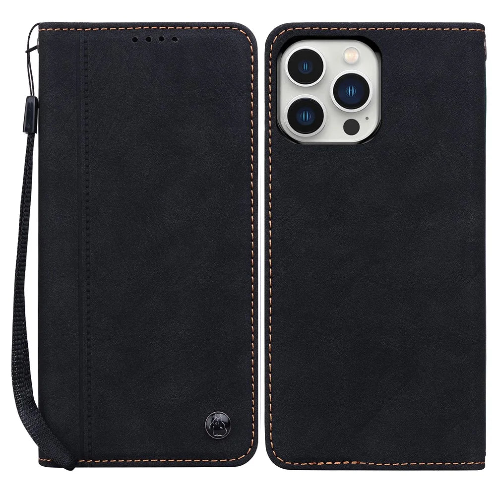 For iPhone 15 Pro Case Lines Pattern Wallet Leather Phone Cover with Strap - Black - 1