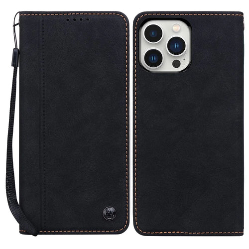 For iPhone 15 Pro Max Case Lines Pattern Wallet Leather Phone Cover with Strap - Black - 1