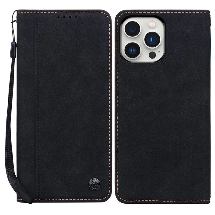 For iPhone 15 Pro Max Case Lines Pattern Wallet Leather Phone Cover with Strap - Black - 1