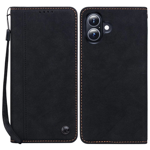 For iPhone 16 Case Lines Pattern Wallet Leather Phone Cover with Strap - Black - 1