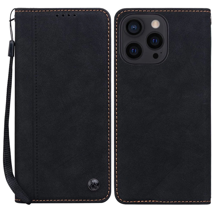 For iPhone 16 Pro Case Lines Pattern Wallet Leather Phone Cover with Strap - Black - 1
