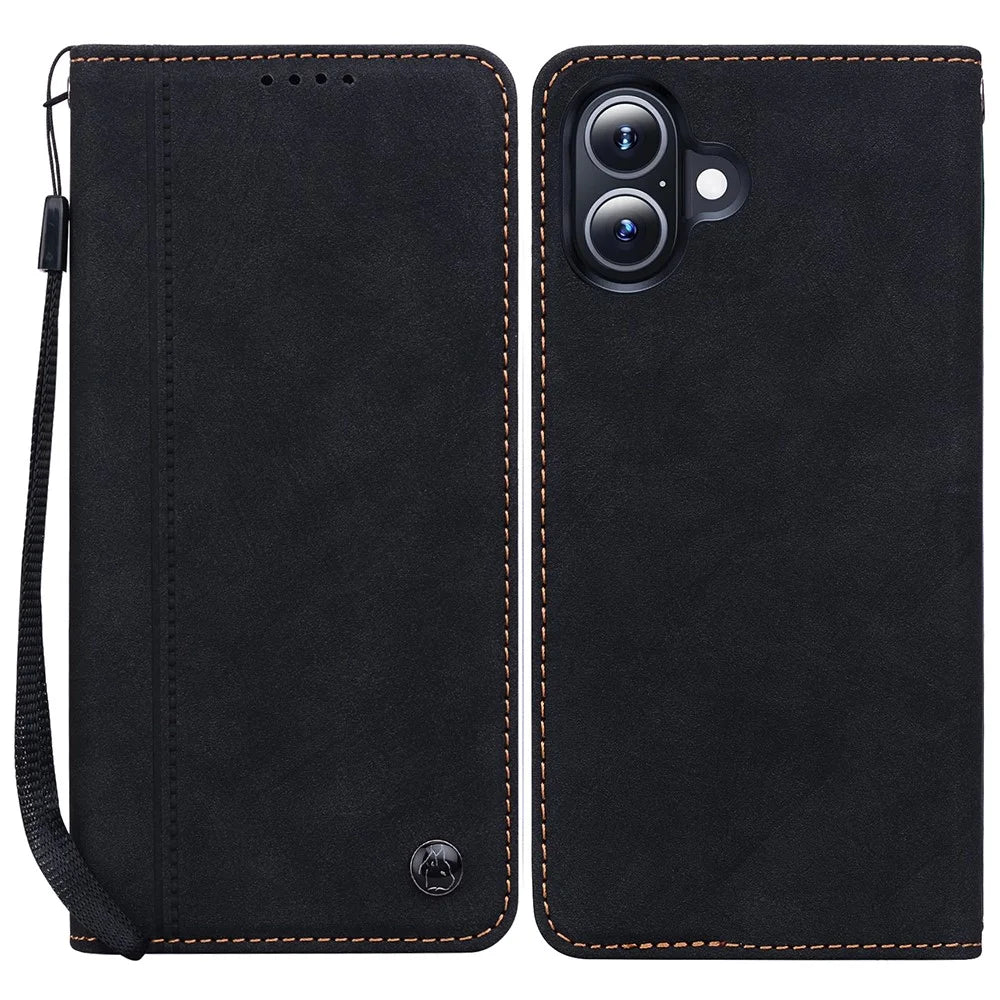 For iPhone 16 Plus Case Lines Pattern Wallet Leather Phone Cover with Strap - Black - 1
