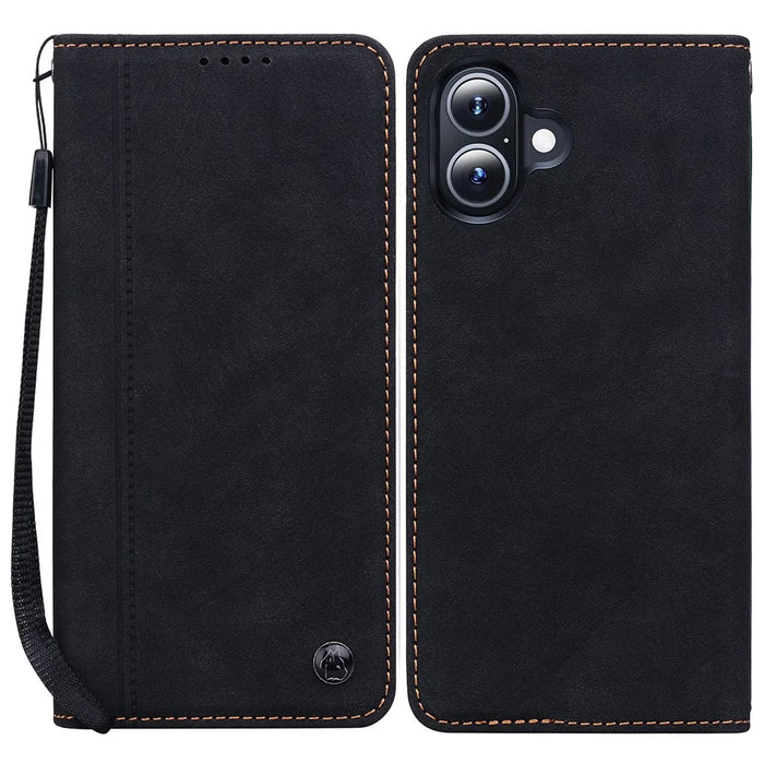 For iPhone 16 Plus Case Lines Pattern Wallet Leather Phone Cover with Strap - Black - 1