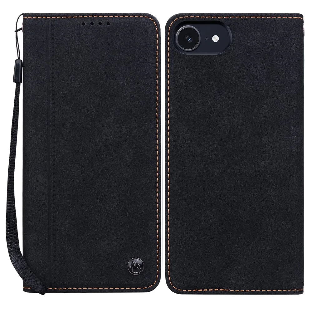 For iPhone 17e / 16e Case Lines Pattern Wallet Leather Phone Cover with Strap - Black - 1