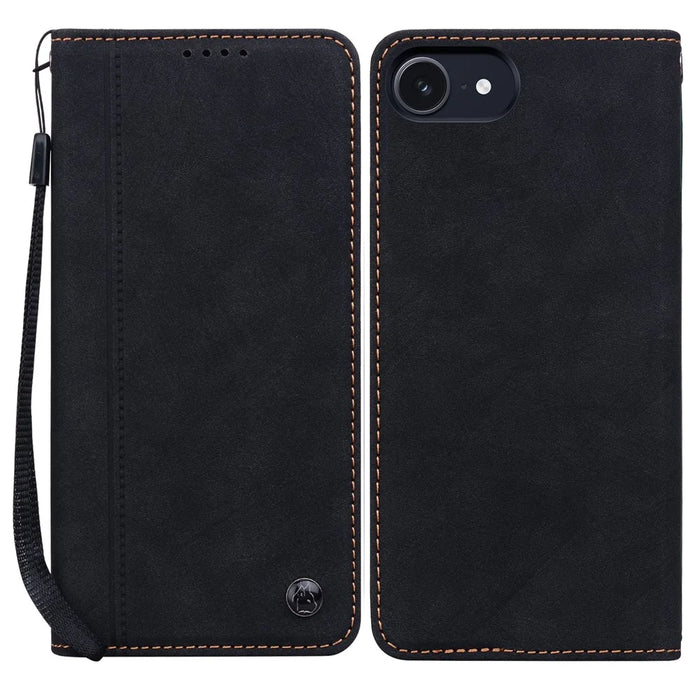 For iPhone 17e / 16e Case Lines Pattern Wallet Leather Phone Cover with Strap - Black - 1