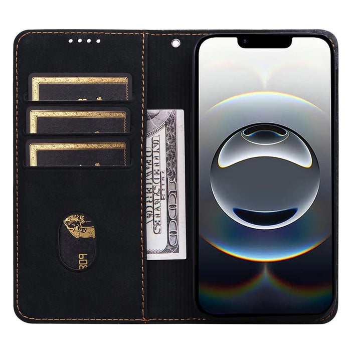 For iPhone 17e / 16e Case Lines Pattern Wallet Leather Phone Cover with Strap - Black - 2