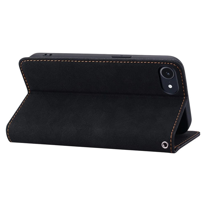 For iPhone 17e / 16e Case Lines Pattern Wallet Leather Phone Cover with Strap - Black - 3