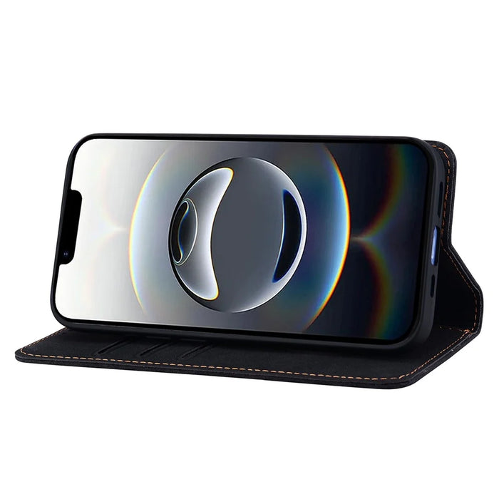 For iPhone 17e / 16e Case Lines Pattern Wallet Leather Phone Cover with Strap - Black - 4