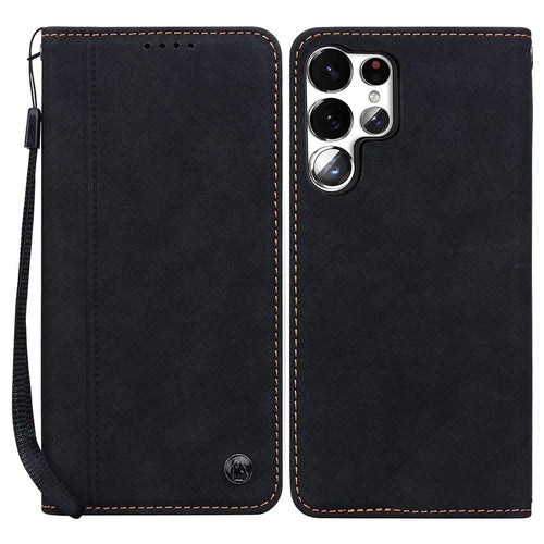 For Samsung Galaxy S23 Ultra Case Lines Pattern Wallet Leather Phone Cover with Strap - Black - 1