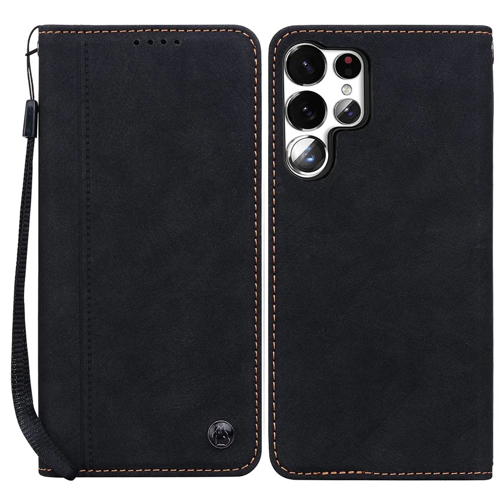 For Samsung Galaxy S23 Ultra Case Lines Pattern Wallet Leather Phone Cover with Strap - Black - 1