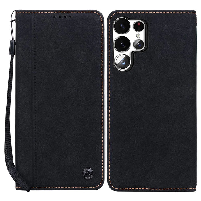 For Samsung Galaxy S23 Ultra Case Lines Pattern Wallet Leather Phone Cover with Strap - Black - 1