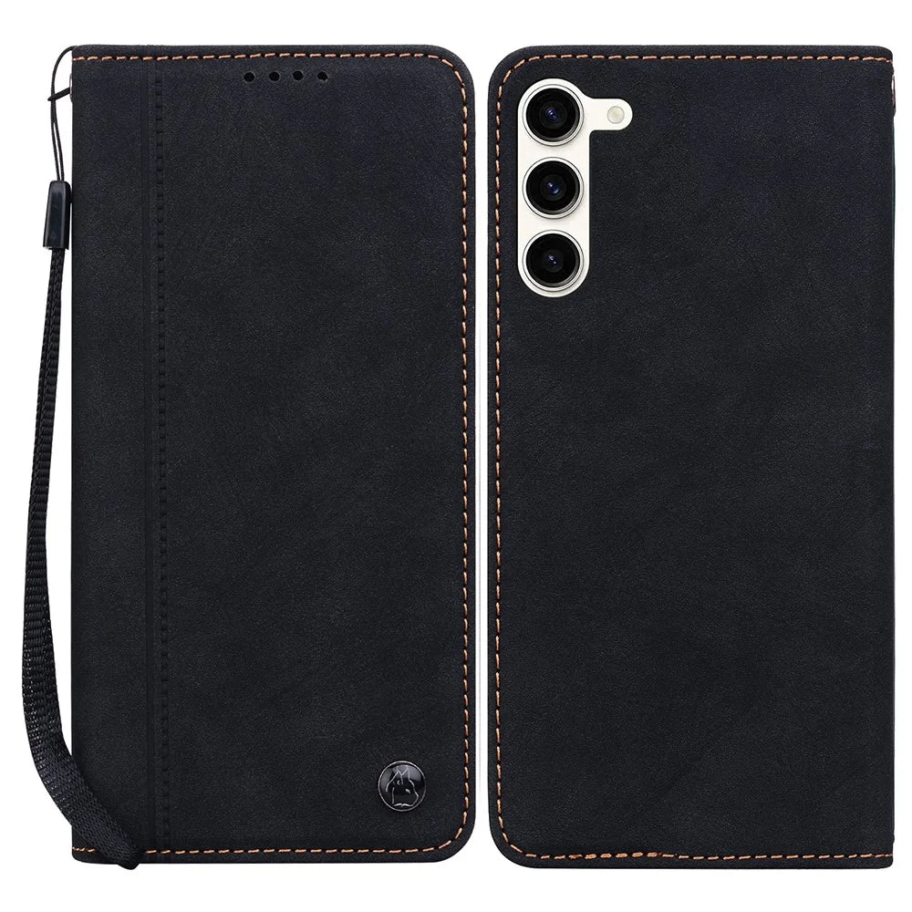 For Samsung Galaxy S23+ Case Lines Pattern Wallet Leather Phone Cover with Strap - Black - 1