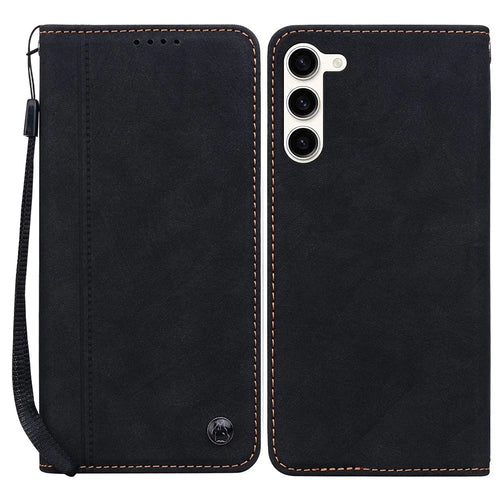 For Samsung Galaxy S23 Case Lines Pattern Wallet Leather Phone Cover with Strap - Black - 1