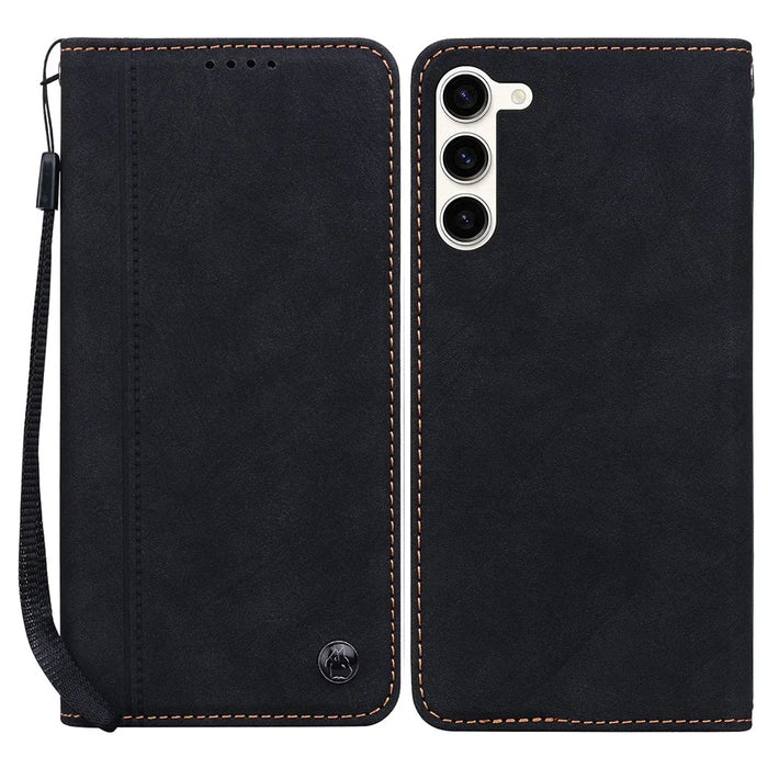 For Samsung Galaxy S23 Case Lines Pattern Wallet Leather Phone Cover with Strap - Black - 1