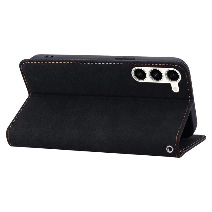For Samsung Galaxy S23 Case Lines Pattern Wallet Leather Phone Cover with Strap - Black - 3