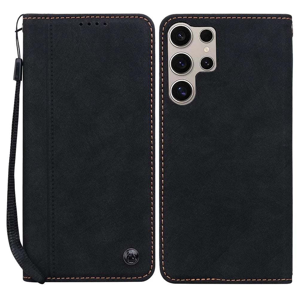 For Samsung Galaxy S24 Ultra Case Lines Pattern Wallet Leather Phone Cover with Strap - Black - 1
