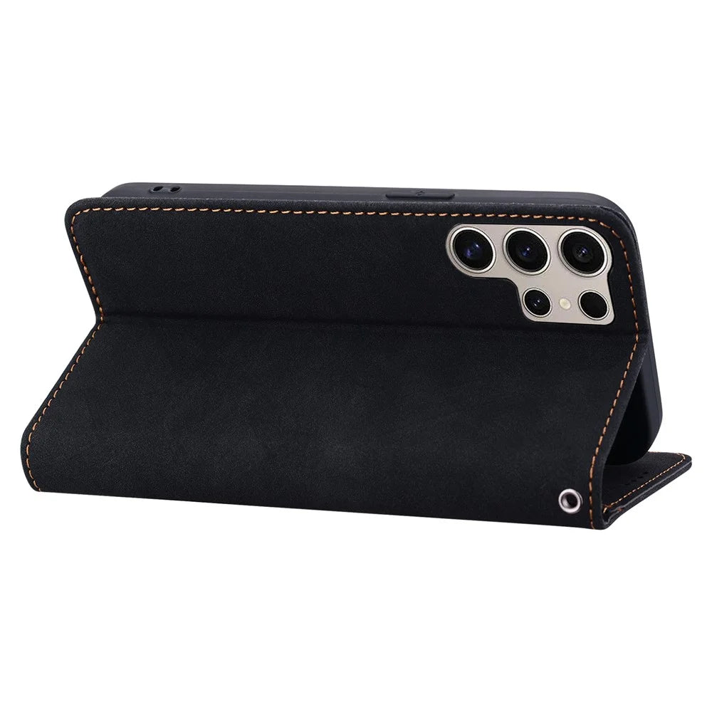 For Samsung Galaxy S24 Ultra Case Lines Pattern Wallet Leather Phone Cover with Strap - Black - 3