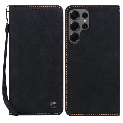 For Samsung Galaxy S25 Ultra Case Lines Pattern Wallet Leather Phone Cover with Strap - Black - 1