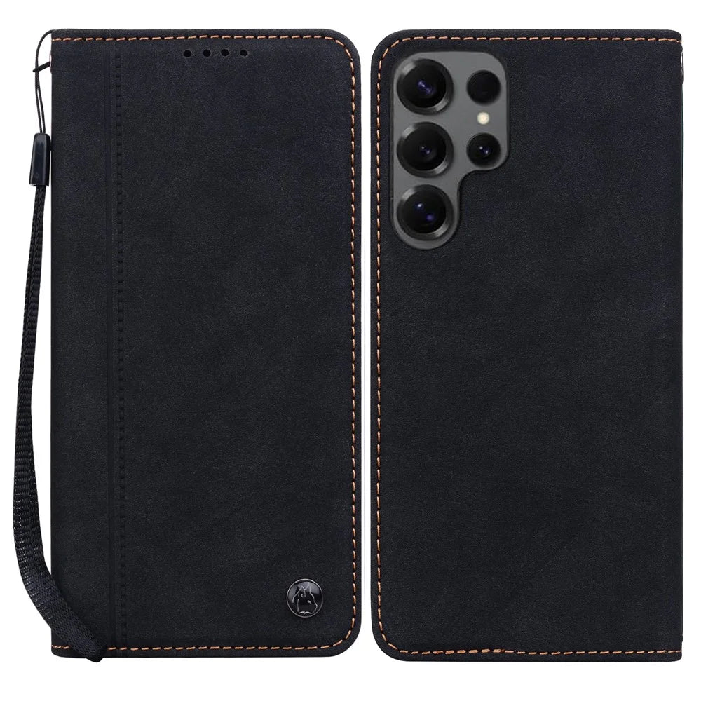 For Samsung Galaxy S25 Ultra Case Lines Pattern Wallet Leather Phone Cover with Strap - Black - 1