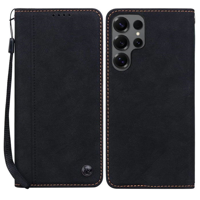 For Samsung Galaxy S25 Ultra Case Lines Pattern Wallet Leather Phone Cover with Strap - Black - 1